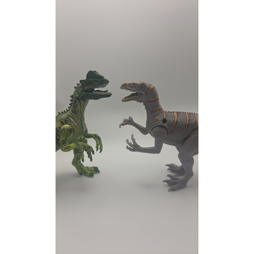 Dinosaur Action Figure Set Green Dilophosaurus and Grey Striped Raptor Toys